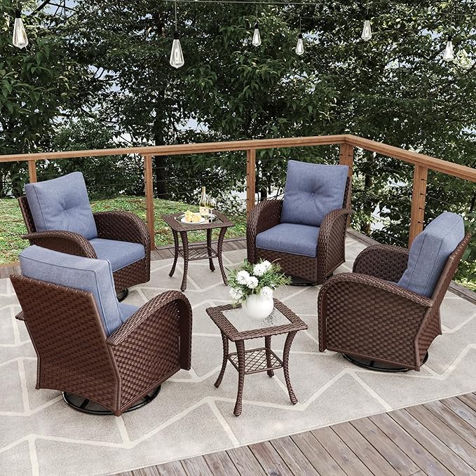 6 Pieces Patio Furniture Sets, Wicker Rattan High Back Outdoor Swivel Rocking Chairs Set with Side Table