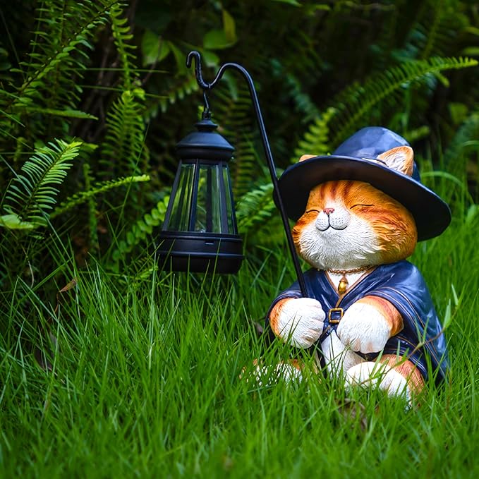 Decorative Solar Wizard Cat Lantern Garden Statue, Outdoor Figurine Light with Black Metal Lamp Post for Garden Decoration Outdoor Decor