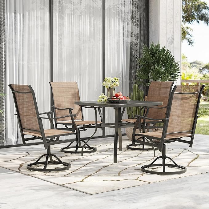 Patio Swivel Chairs Set of 8, Outdoor Dining Chairs with Textilene, Swivel & Rocker Metal Outdoor Patio Dining Chairs All-Weather for Backyard, Brown Fabric with Black Frame