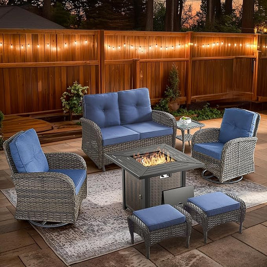 7 Piece Patio Furniture Set with Fire Pit Table - Wicker Patio Conversation Set with Swivel Glider, Glider Loveseat, Side Table and 2 Ottomans for Deck Backyard - Brown Wicker Blue Cushion