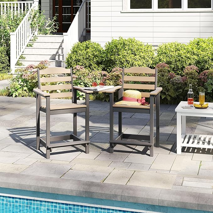 OTSUN Tall Adirondack Chairs Set of 4 with Connecting Tray, 24 inches HDPE Bar Height Outdoor Chairs, All Weather Resistant for Balcony, Porch, Kitchen (4 PCS, Black&Brown)