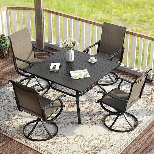 VICLLAX 5 Pieces Patio Dining Set for 4, Outdoor Furniture Set Includes 37.8" Square Outdoor Table and 4 Patio Swivel Chairs for Lawn Garden, Black Tabletop and Mixed Brown Fabric