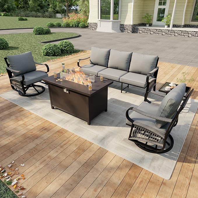 5 Pieces Patio Conversation Sets, All Weather Metal Outdoor Furniture Set, 3-Seater, 2 Swivel Rockers, 1 Side Tables, 1 Fire Pit Table for Backyard Garden Deck Porch Poolside, Gray