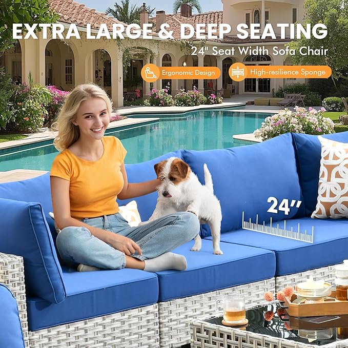 Outdoor Sectional Patio Furniture Set with Fire Pit Table and Glowing Table,8 Pieces Wicker Conversation Sets L Shaped Couch Out Door Sofa Set Outside Furniture for Garden Deck Yard,Navy Blue