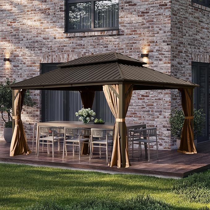 Domi 10' x 12' Hardtop Gazebo Permanent Metal Gazebo with Galvanized Steel Double Roof, Curtains and Netting for Party, Wedding, Outdoor Dining, Patio, Backyard, Brown