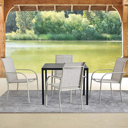 5 Pieces Round Dining Table Set for 4, Patio Dining Set Includes 4 Grey Stackable Patio Chairs and 1 Black Square Table, Patio Furniture Setss with Sling Support for Outside, Garden