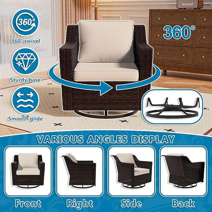 Vista Vibe 5 Pieces Outdoor Rattan Patio Conversation Furniture Set - 78" 3-Seat Sofa | 2 Swivel Glider Rocker Chairs | Wicker End Table | Metal Table, Upholstered Loveseat, Deck (Brown/Beige)
