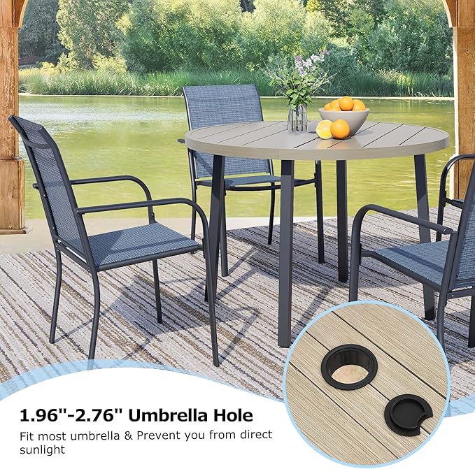 5 Pieces Round Dining Table Set for 4, Patio Dining Set Includes 4 Blue Stackable Patio Chairs and 1 Honey Oak Round Table, Patio Furniture Sets with Sling Support for Outside, Garden
