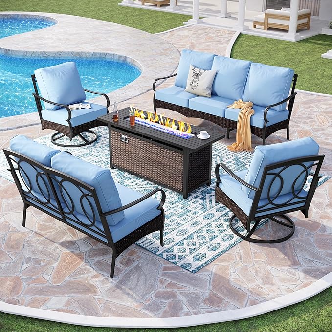 Patio Furniture Set with 56" Fire Pit Table, Premium Outdoor Wicker Metal Frame Furniture with Upgraded Waterproof Thick Cushions for Porch, Poolside, Deck, and Yard