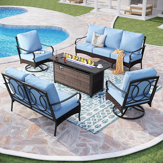 Patio Furniture Set with 56" Fire Pit Table, Premium Outdoor Wicker Metal Frame Furniture with Upgraded Waterproof Thick Cushions for Porch, Poolside, Deck, and Yard