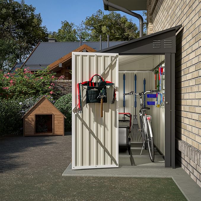 4×8 Ft Lean to Shed with Floor, Metal Outdoor Storage Shed, 0.25mm Galvanized Steel Metal Garden Shed Waterproof with Lockable Door for Backyard, Patio, Garden, Black