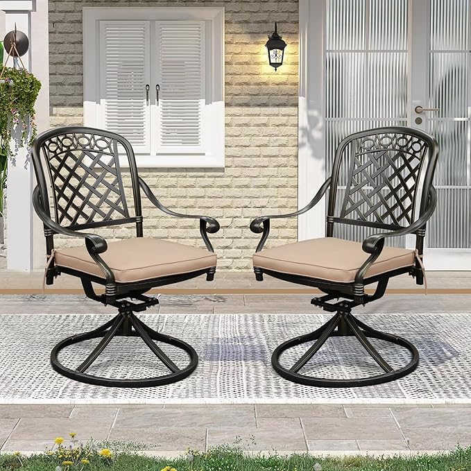 Set of 2 Cast Aluminum Patio Chairs with Cushions, All-Weather Aluminum Outdoor Swivel Chairs, Metal Outdoor Rocking Chairs for Backyard, Poolside and Bistro(Khaki, 2 Pieces)