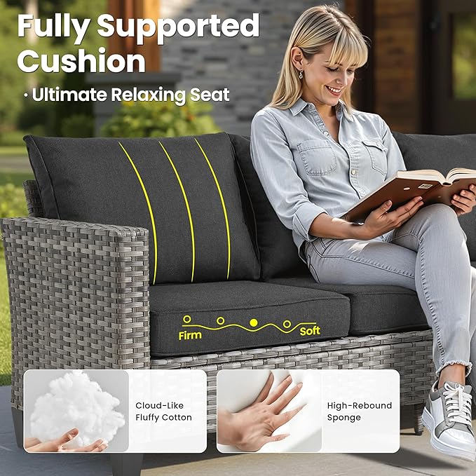ovios 10 Pieces Patio Furniture Set with Swivel Chairs Rocking Gliders, 54" Fire Pit Table, Outdoor Sofa Couch with Solar Lights Table, Modern Deep Seat Wicker Rattan Conversation Set, Black
