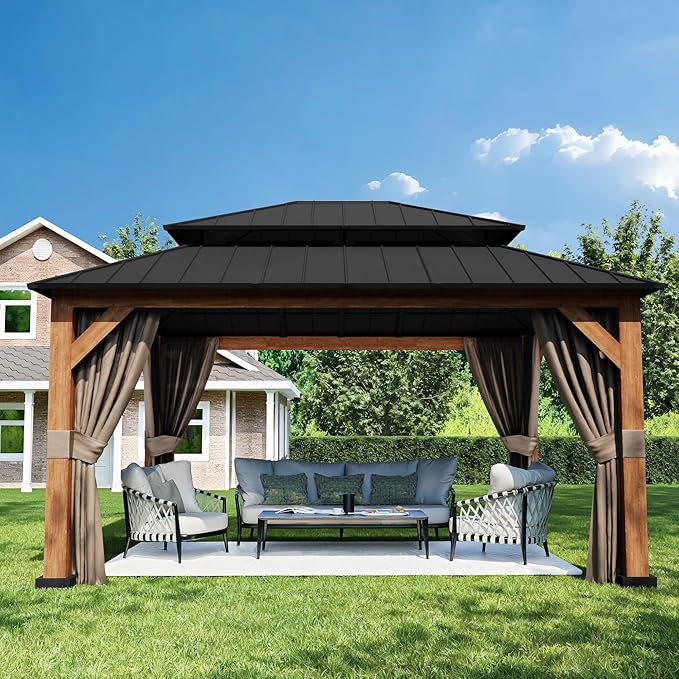 13' x 15' Double Hardtop Gazebo - Outdoor Thermal Transfer Wood-Looking Aluminum Gazebo with Double Hardtop, Privacy Curtains and Mosquito Nettings Included, for Patio, Garden, Backyard