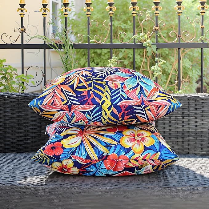 Outdoor Pillow Covers 18x18 Inch Set of 2 Tropical Floral Plants Boho Throw Pillows Cases Waterproof Square Garden Cushion Sham for Patio Funiture Tent Balcony Bench Sofa Couch, Blue