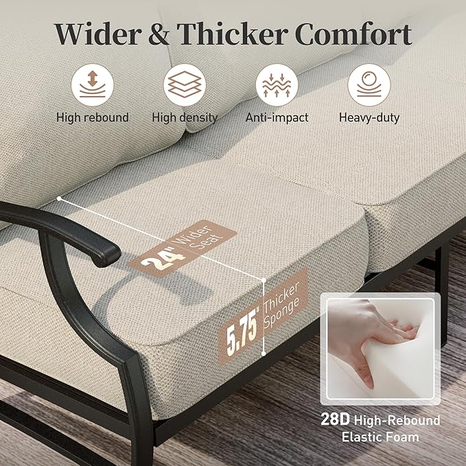 Patio Furniture Set, 4 Piece Modern Metal Outdoor Patio Furniture, 3 Seater Couch, 2 Fixed Chairs, Coffee Table and 5.75" Extra Thick Cushion, Patio Conversation Set for Backyard Deck