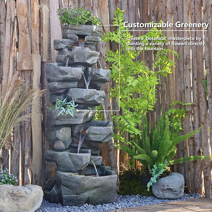 58Inch Outdoor Garden Water Fountain 6 Tiers Large Cascading Rock Natural Waterfall Outdoor Fountain with LED Lights for Patio Porch Backyard Home Art Decor