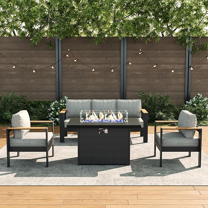 LayinSun 4 Piece Aluminum Outdoor Furniture Set with Fire Pit Table, Outside Patio Deep Seating Conversation Set with Upgraded Washable Thick Cushion
