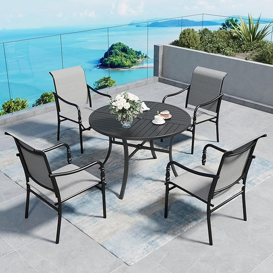 Patio Table and Chairs Set of 4, All-Weather Breathable Textilene Patio Chair with Gourd-Shaped Armrests, 42x42 Round Table with Umbrella Hole, 5 Pcs Metal Frame Patio Dining Set