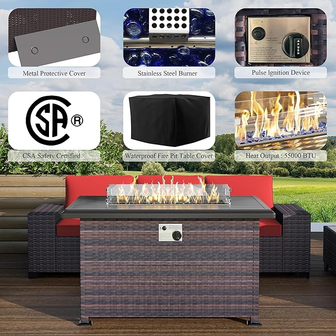 10 Pieces Outdoor Patio Furniture Set Outdoor Furniture Patio Sectional Sofa Conversation Sets w/ETL Approved 45" Gas Outdoor Fire Table & Coffee Table, Swivel Rocking Chair (Red)