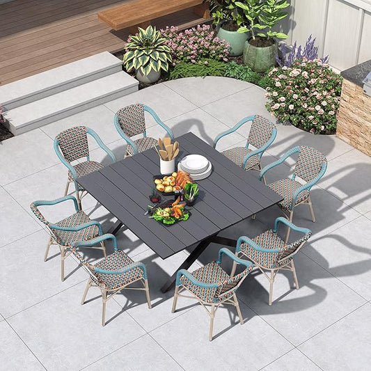 PURPLE LEAF 9 Pieces Outdoor Table and Chair Set Patio Furniture Set with Large Square Table and 10 French Dining Chairs for Poolside Deck Colorful Patio Dining Set