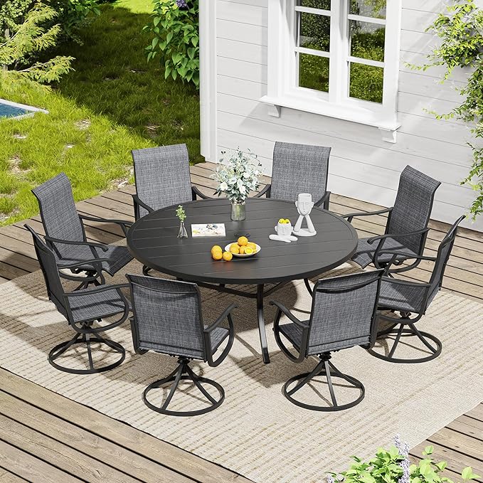 VICLLAX 9 Pieces Outdoor Dining Set, Patio Furniture Set of 8 Patio Swivel Dining Chairs and 60" Patio Round Table, Dark Charcoal Chairs & Black Tabletop