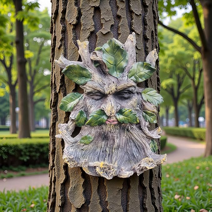 Whimsical Tree Face Garden Decoration ，Tree Faces Decor Outdoor Wallmounted Statue Art with Leaf Features, Outdoor Decor Garden Accessory (Home Decor)