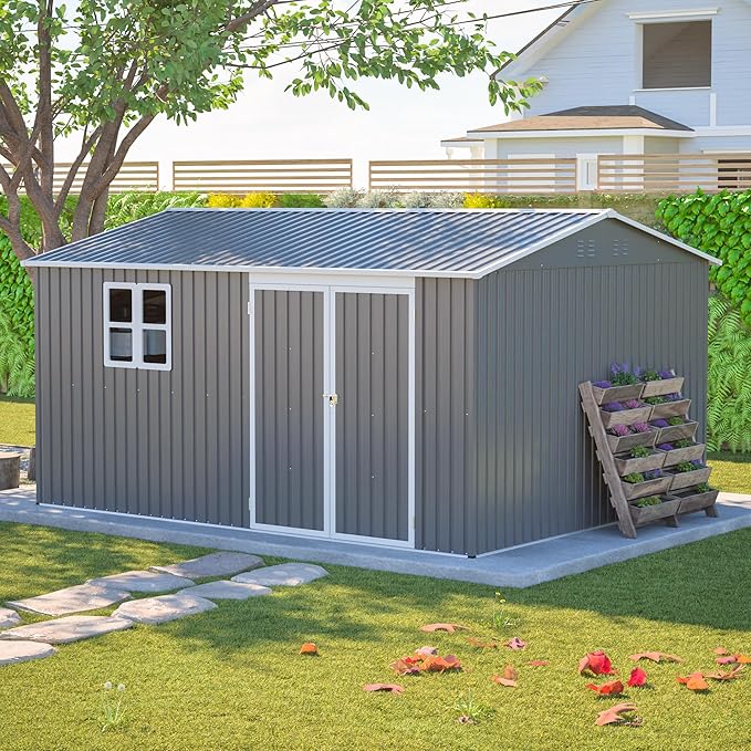 12x10 FT Heavy Duty Metal Outdoor Storage Shed with Window & Floor Frame, Lockable Double Doors, Weatherproof Steel Garden Tool Shed for Bikes, Lawn Mowers, Patio & Backyard Equipment Storage