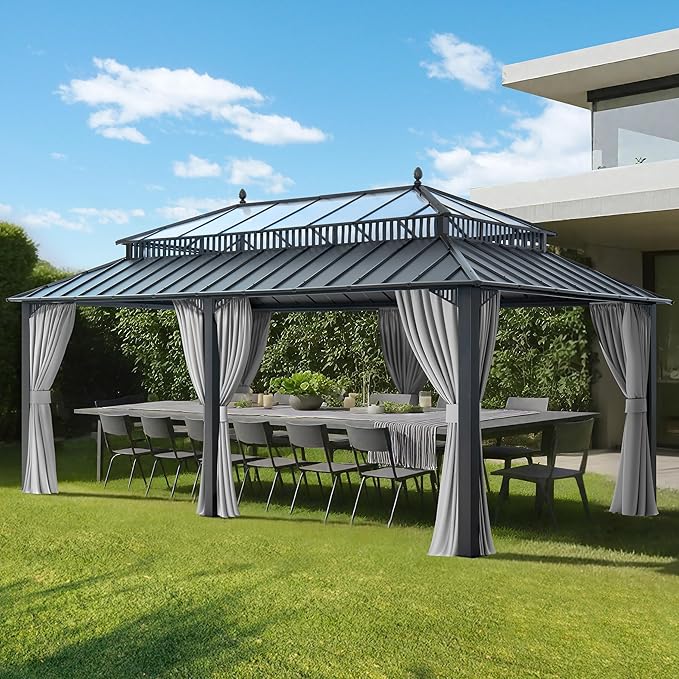 SUNJOY Kingston 20' x 12' Hardtop Gazebo with Galvanized Steel/Polycarbonate Double Roof, Curtain and Netting, Gray Aluminum Posts Permanent Pavilion Gazebo for Garden, Patio, Deck, Lawn
