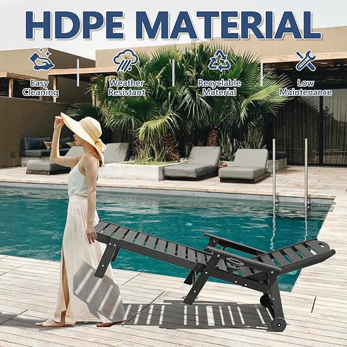 Patio Chaise Lounge Chair Set of 4, HDPE Outdoor Lounge Chairs with 5-Position Adjustable Backrest, Cup Holder and Wheels, 450lbs Capacity for Poolside Deck Backyard, All Weather Material(Gray)