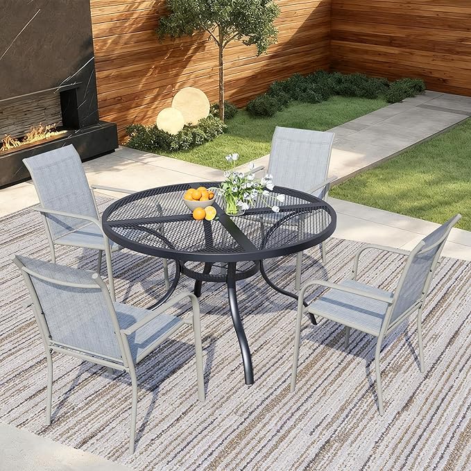 5 Pieces Round Dining Table Set for 4, Patio Dining Set Includes 4 Beige Blue Stackable Patio Chairs and 1 Black Mesh Round Table, Patio Furniture Sets with Sling Support for Outside, Garden