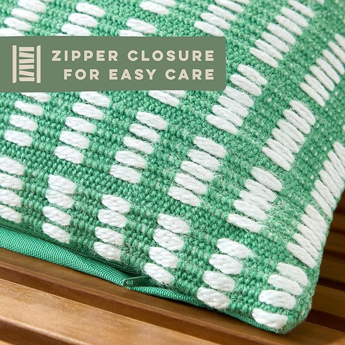 TOWN & COUNTRY TERRA Alara Textured Geo Stripe Handcrafted Indoor Outdoor Decorative Pillow, 100% Recycled Materials, UV Fade Resistant, Water Repellent, Green/Ivory, 20"x20"