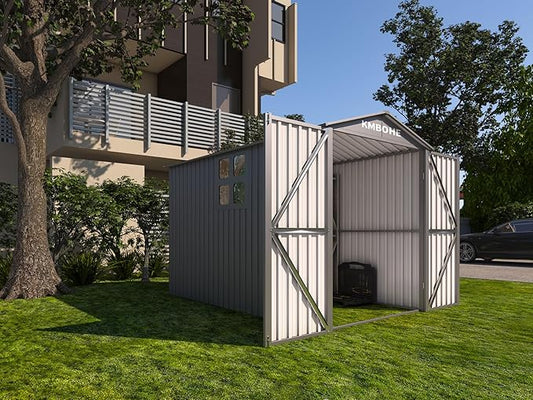 5.5x10FT Motorcycle Outdoor Storage Shed with Window, Lockable Steel Shed for Motorcycle, Heavy-Duty Weather-Resistant, 66.2" L x 121" W x 79.7" H, Grey – Easy Assembly