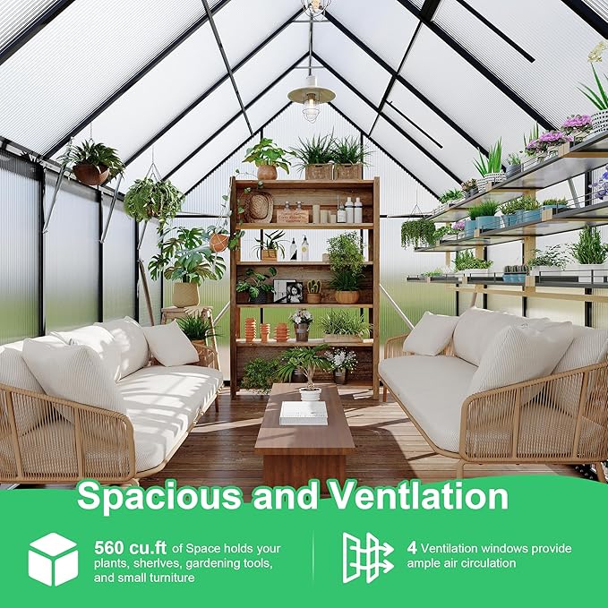 8'x10' Aluminum-Framed Polycarbonate Greenhouse, Heavy Duty Polycarbonate Greenhouse with Quick Setup Structure and Roof Vent, Large Enhanced Aluminum GreenhouseKit for Outdoors