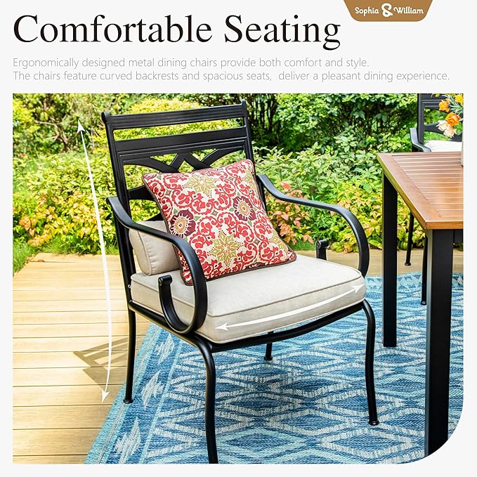 Sophia and William Outdoor Patio Dining Set for 6, Outdoor Table and Chairs, Removable Seat Cushions, 60" Black Patio Dining Table