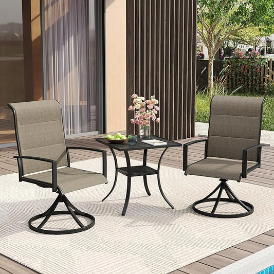 VICLLAX 3 Pieces Small Patio Table and Swivel Chairs for 2, All Weather Patio Dining Set, Black Tabletop and Mixed Brown Fabric