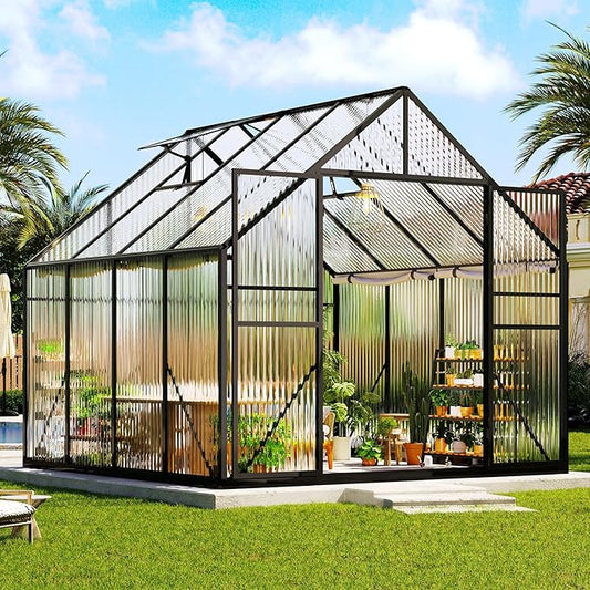 Amerlife 8x8x7 FT Outdoor Polycarbonate Greenhouse, Walk-in Aluminum Frame Design with Two Windows & Swing Door, Durable Garden Structure in Black