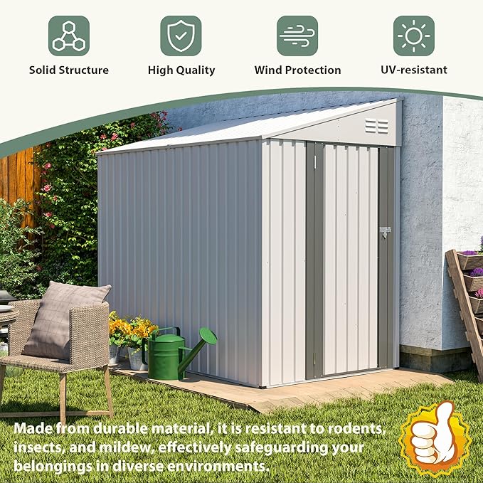 4x7 FT Lean to Shed with Single Lockable Side Door, Outdoor Metal Storage Shed, Sloping Roof Galvanized Utility Steel Tool Shed for Garden, Patio, Lawn & Backyard