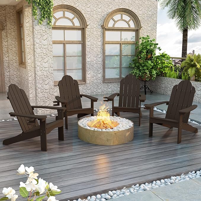 LUE BONA HDPS Adirondack Chairs Set, Fire Pit Outdoor Chair Weather Resistant with Cup Holder, Modern Plastic Chair Plastic for Patio, Deck, Proch, 350LBS, 6 Set, Dark Brown