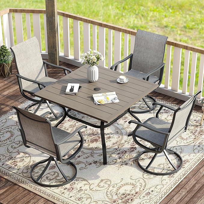 VICLLAX 5 Pieces Patio Dining Set for 4, Outdoor Furniture Set Includes 37.8" Square Outdoor Table and 4 Patio Swivel Chairs for Lawn Garden, Grey Wood Grain Tabletop and Grey Fabric