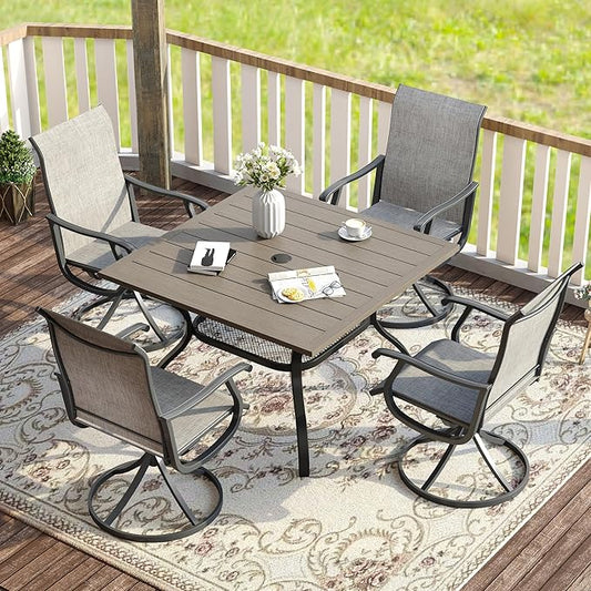 VICLLAX 5 Pieces Patio Dining Set for 4, Outdoor Furniture Set Includes 37.8" Square Outdoor Table and 4 Patio Swivel Chairs for Lawn Garden, Grey Wood Grain Tabletop and Grey Fabric