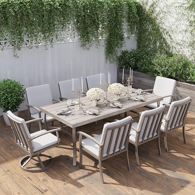 HAPPATIO Aluminum 9 Piece Patio Dining Sets, Outdoor Dining Set for 8, Patio Furniture Sets, 2 Swivel Dining Chairs, 6 Dining Chairs, Aluminum Furniture Set for Patio, Yard (Gray)