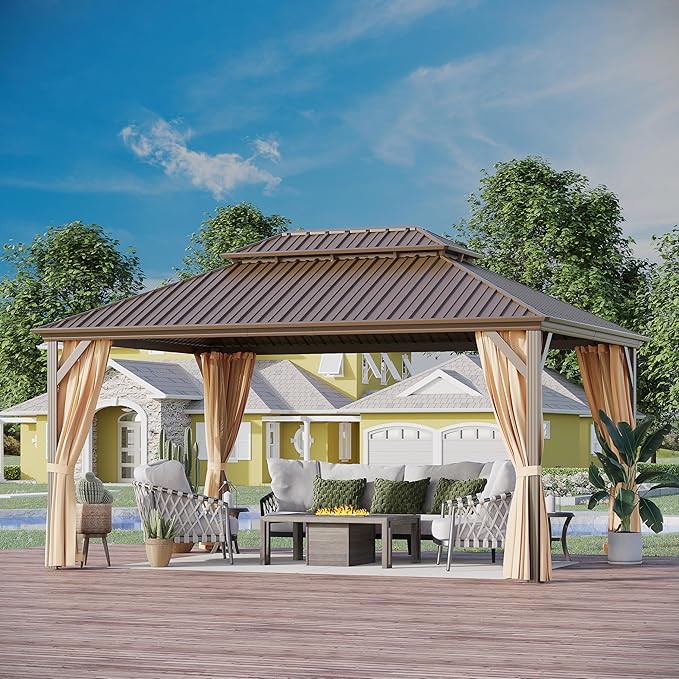 12'x16' Hardtop Gazebo Outdoor Aluminum Gazebo Double Roof Galvanized Steel Canopy with Netting and Curtains,for Garden, Backyard,Deck and Lawns
