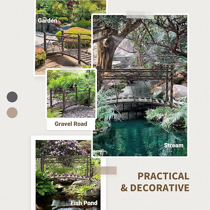 Outsunny 3.3' Metal Arch Zen Garden Bridge with Safety Siderails, Decorative Footbridge, Delicate Scrollwork & Corner Spheres for Stream, Fish Pond, Bronze