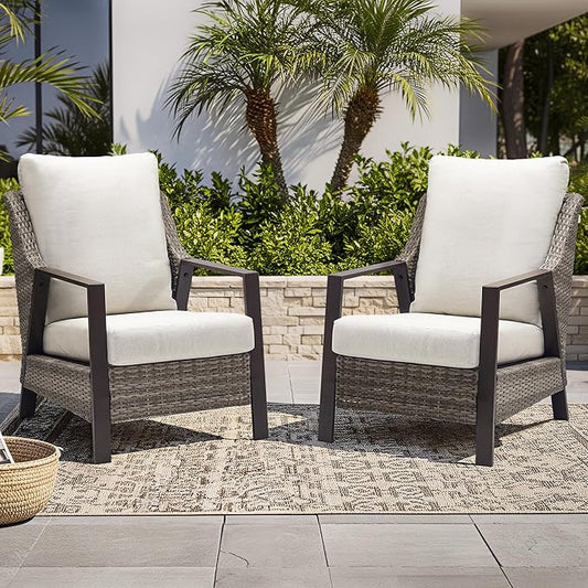Outdoor Patio Furniture - 2 Pcs Armchair, All-Weather Wicker Outdoor Conversation Set with 4.72" Olefin Thick Cushions for Deck, Porch, Balcony, Backyard, Beige