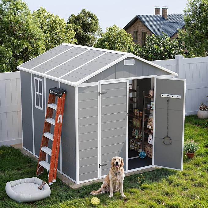 UDPATIO Outdoor Storage Shed 8 x 8 FT, Resin Garden Sheds Plastic Patio Outdoor Storage with Lockable Door for Tool, Bike, Garbage Can Gray White