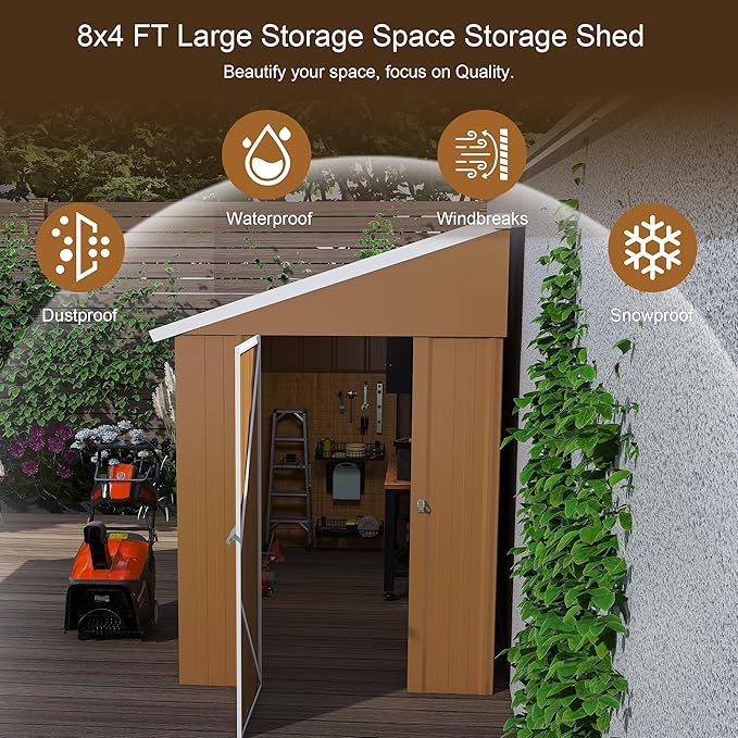 KEIKI 8x4 FT Heavy-Duty Metal Storage Shed, Outdoor Storage Shed with 2 Doors, Windows & Ventilation, Utility and Tool Shed with Slooping Roof for Garden, Backyard, Patio, Lawn