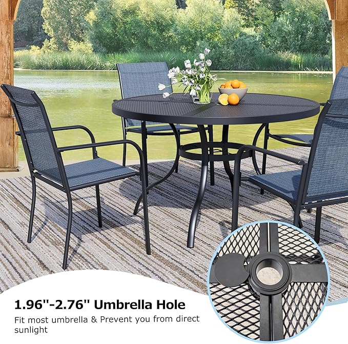 5 Pieces Round Dining Table Set for 4, Patio Dining Set Includes 4 Blue Stackable Patio Chairs and 1 Black Mesh Round Table, Patio Furniture Sets with Sling Support for Outside, Garden