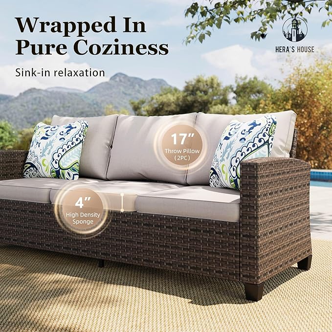 HERA'S HOUSE Patio Furniture Set with 56" Fire Pit Table, Outdoor Patio Conversation Sets, 6 Pieces 7 Seats Wicker Outside Sectional Sofa Set for Lawn Backyard Deck
