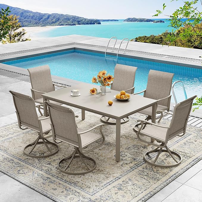 DIFY 63" Outdoor Patio Dining Table for 6, Metal Rectangular Steel Slat Patio Table with 1.57" Adjustable Umbrella Hole, Weather-Resistant for Garden Backyard Poolside Deck, Sandshell
